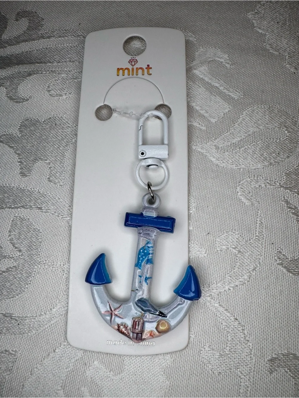 New Mint Nautical Anchor Keychain zipper pull- Blue/White